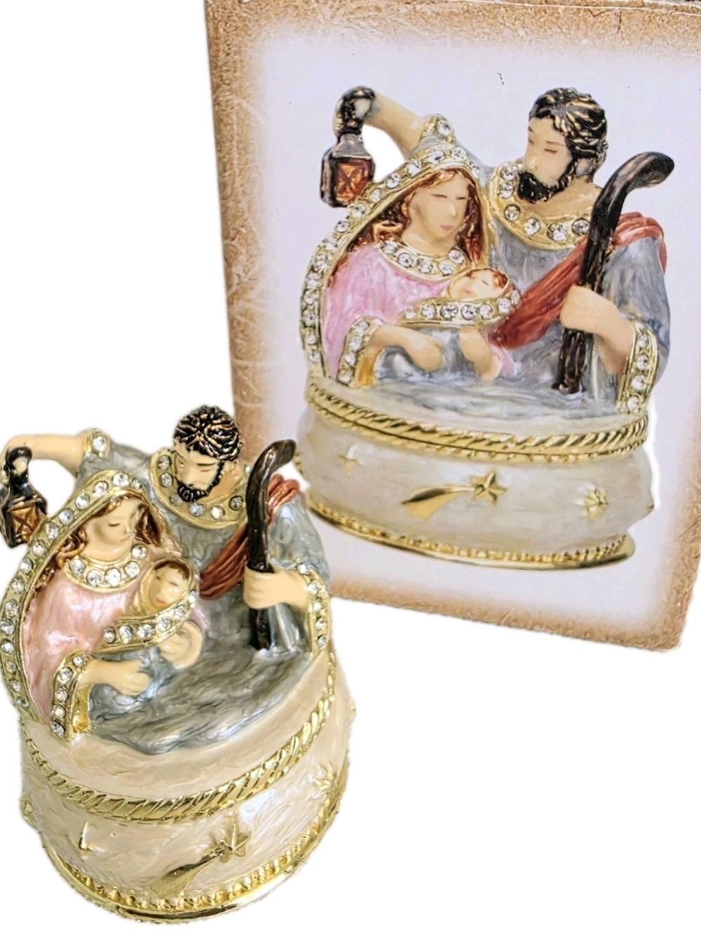 Nativity Hinged Trinket Box Enamel Rhinestones Holy Family Christmas 2.5x2 In